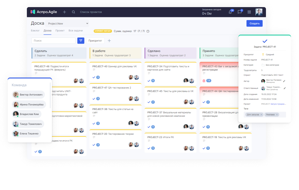 Доска задач Аспро.Agile: колонки спринта «Сделать», «В работе», «Сделано», «Принято», карточка задачи и список команды